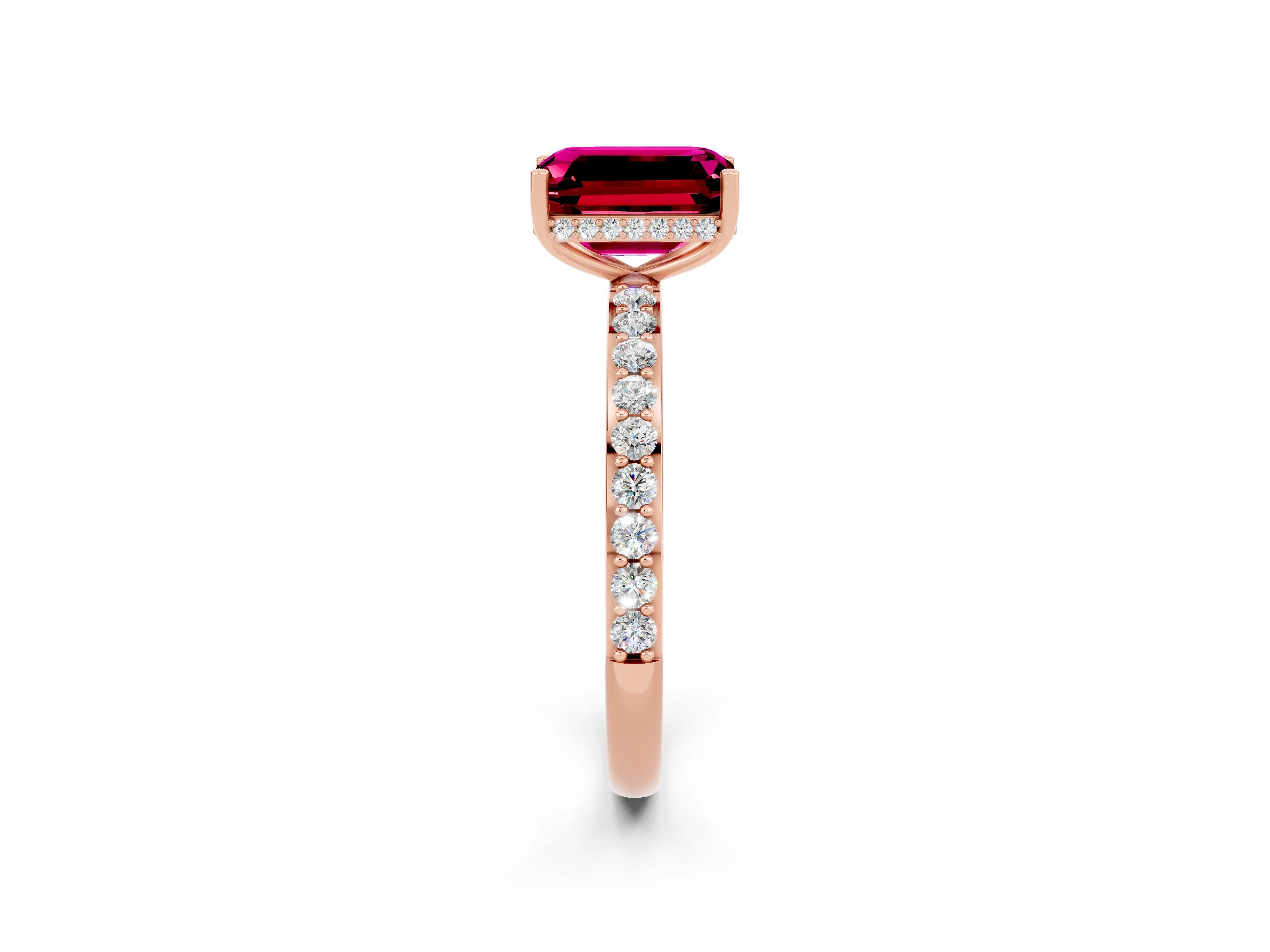Rose gold Emerald Cut Garnet Solitaire Ring with Pavé Band and Hidden Halo_14