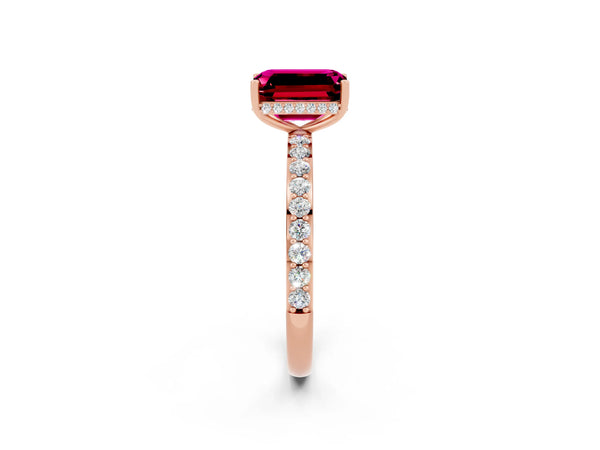 Rose gold Emerald Cut Garnet Solitaire Ring with Pavé Band and Hidden Halo