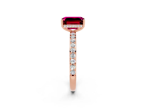 Rose gold Emerald Cut Garnet Solitaire Ring with Pavé Band and Hidden Halo_14