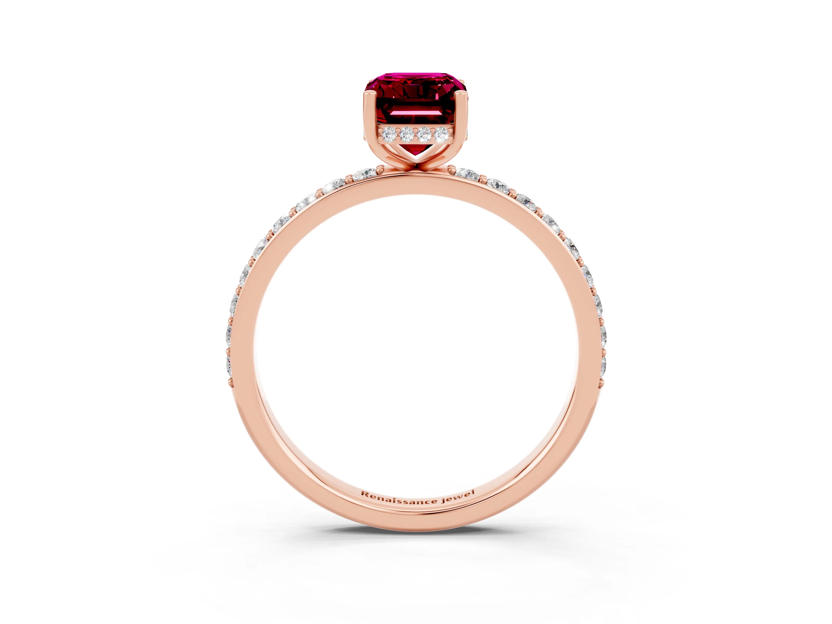 Rose gold Emerald Cut Garnet Solitaire Ring with Pavé Band and Hidden Halo_15