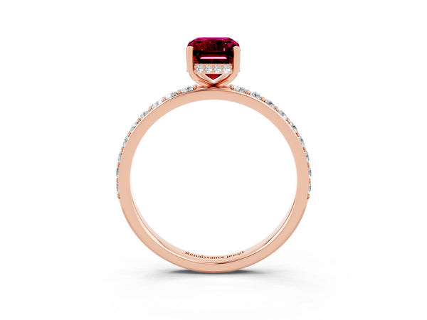 Rose gold Emerald Cut Garnet Solitaire Ring with Pavé Band and Hidden Halo