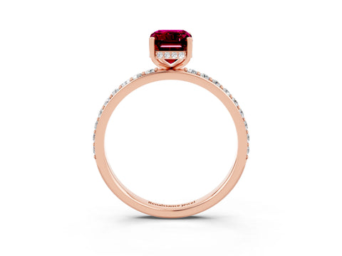 Rose gold Emerald Cut Garnet Solitaire Ring with Pavé Band and Hidden Halo_15