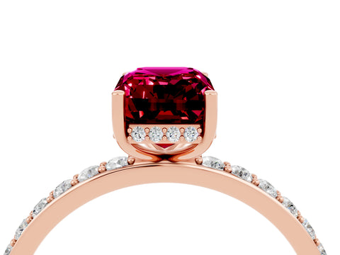 Rose gold Emerald Cut Garnet Solitaire Ring with Pavé Band and Hidden Halo_16