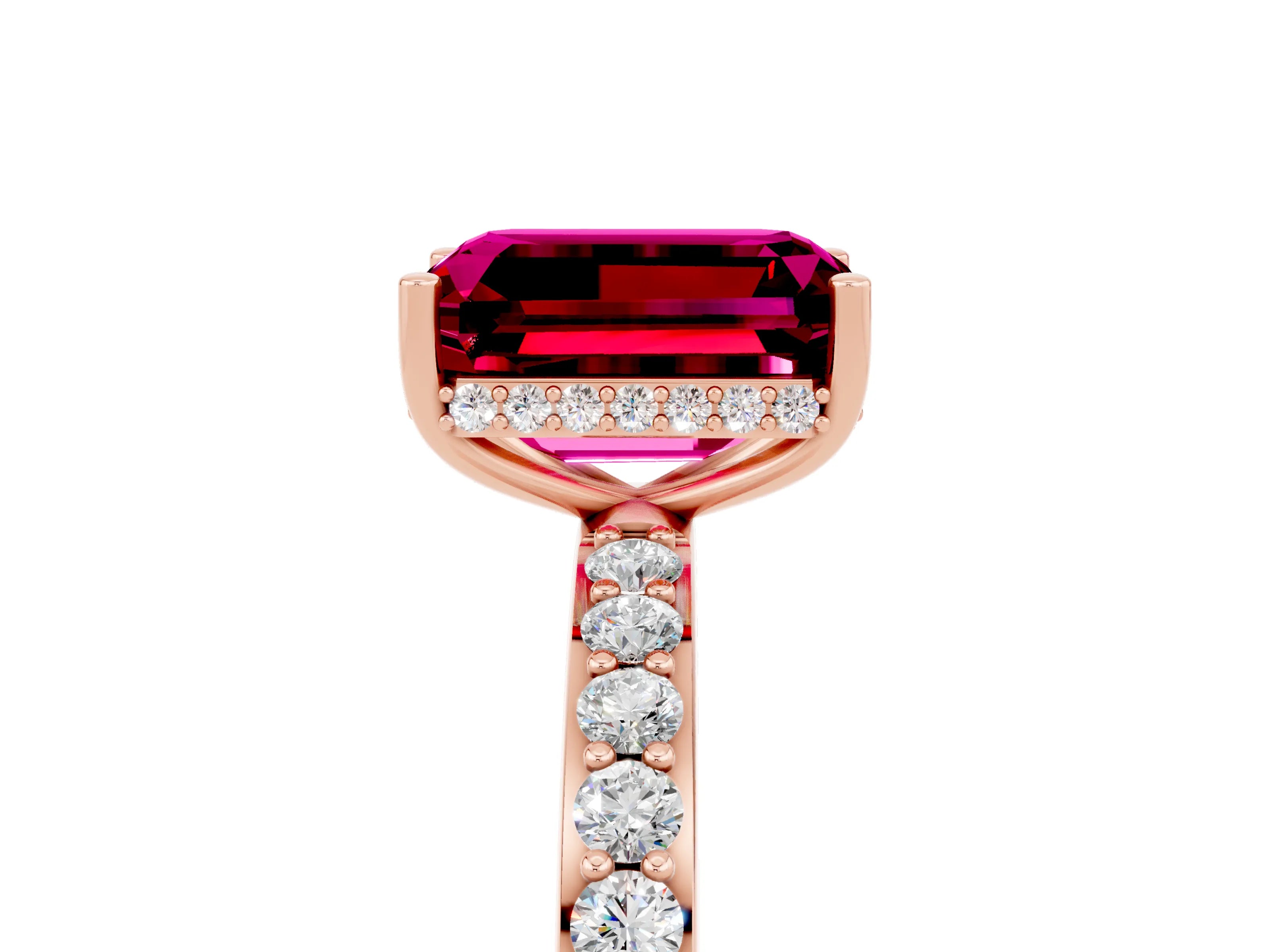 Rose gold Emerald Cut Garnet Solitaire Ring with Pavé Band and Hidden Halo_17