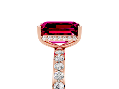 Rose gold Emerald Cut Garnet Solitaire Ring with Pavé Band and Hidden Halo_17