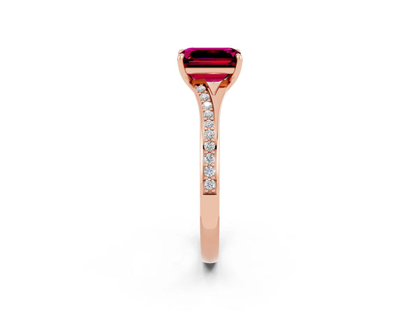 Rose gold Emerald Cut Garnet Solitaire Ring with Pavé Band and Prong Setting