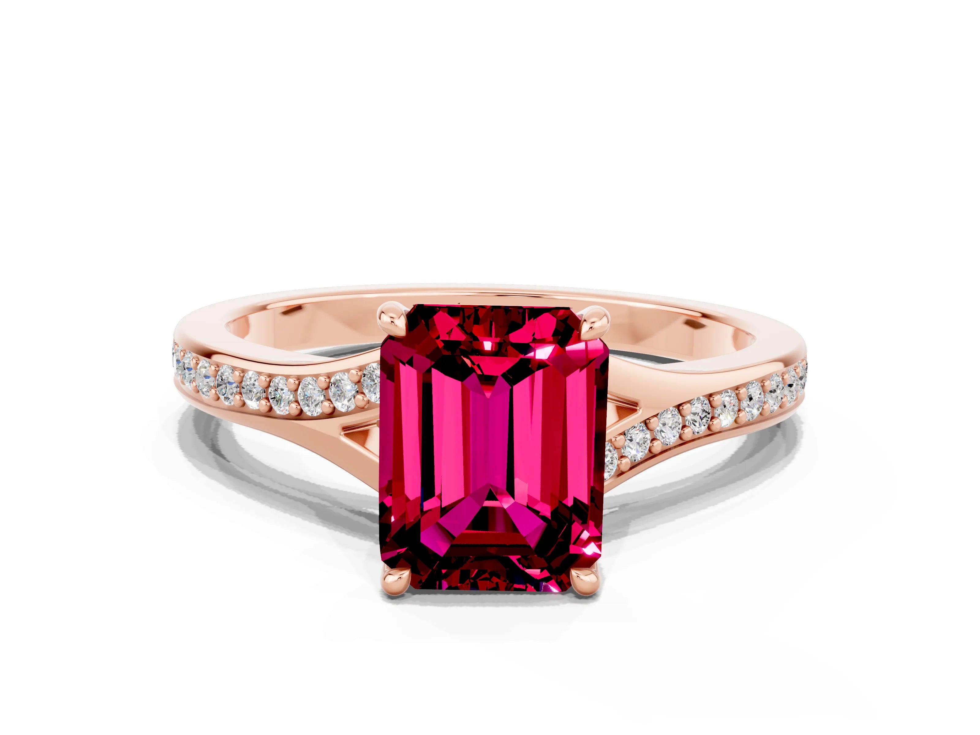 Rose gold Emerald Cut Garnet Solitaire Ring with Pavé Band and Prong Setting_24