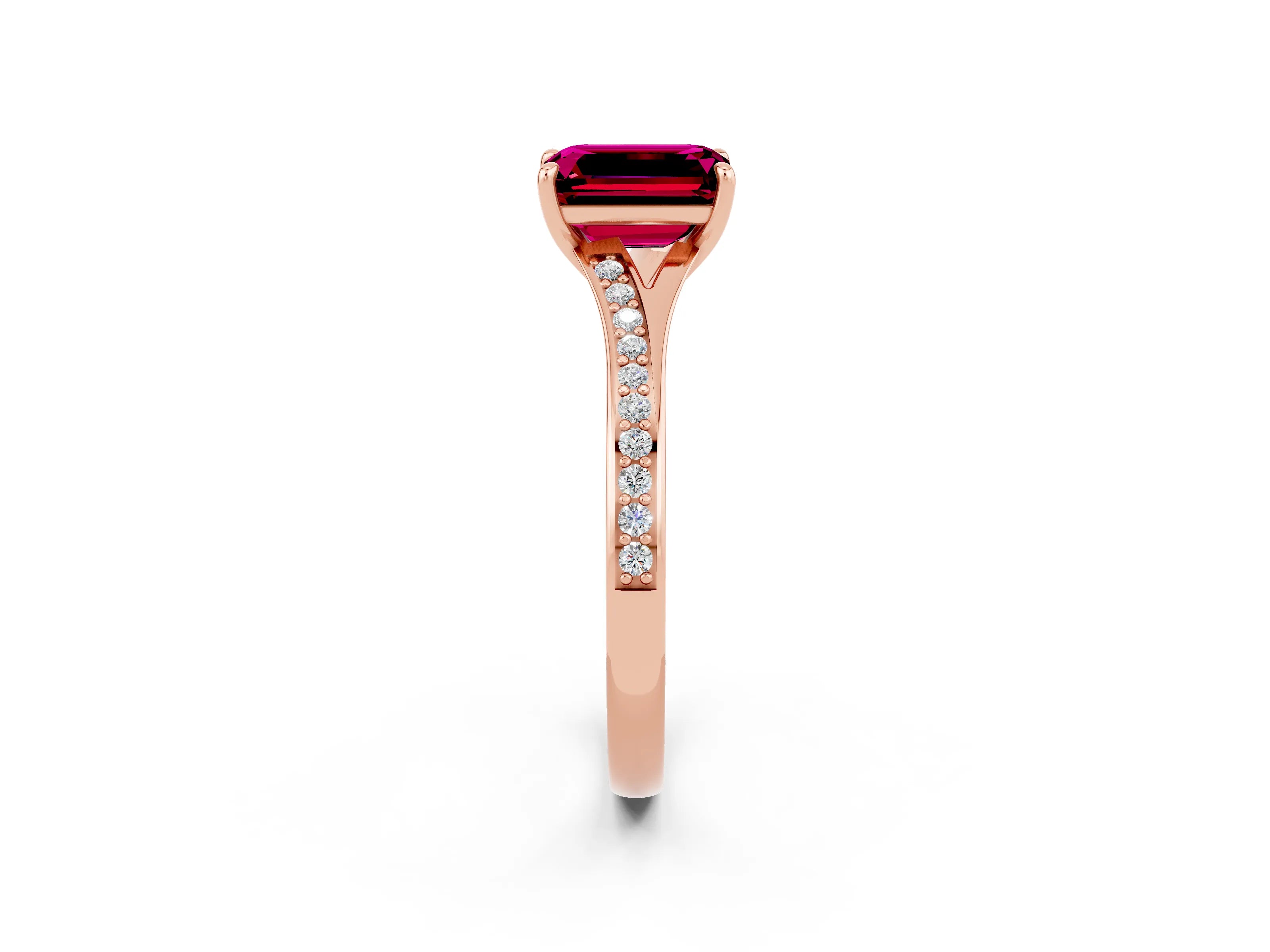 Rose gold Emerald Cut Garnet Solitaire Ring with Pavé Band and Prong Setting_26