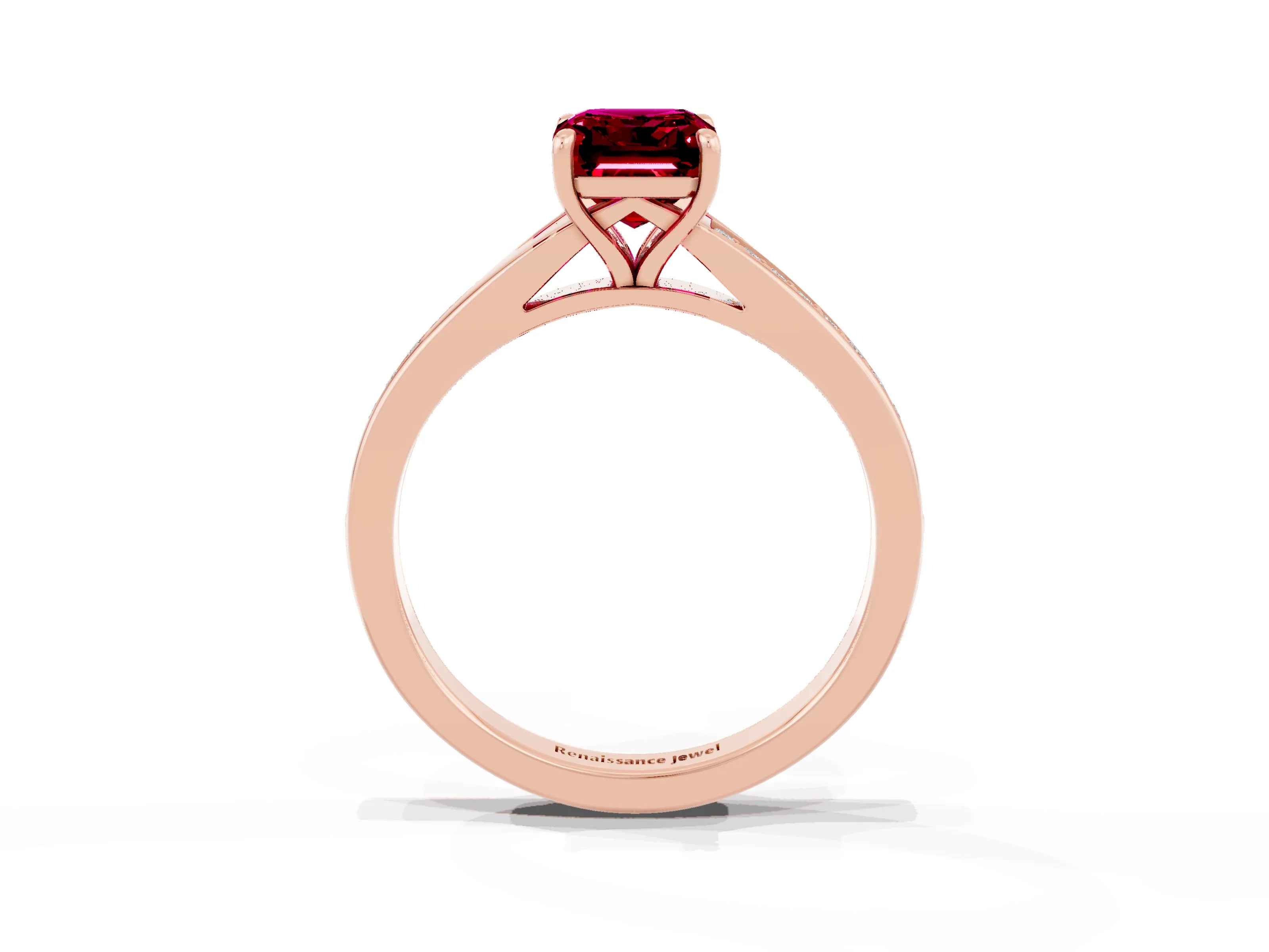 Rose gold Emerald Cut Garnet Solitaire Ring with Pavé Band and Prong Setting_27