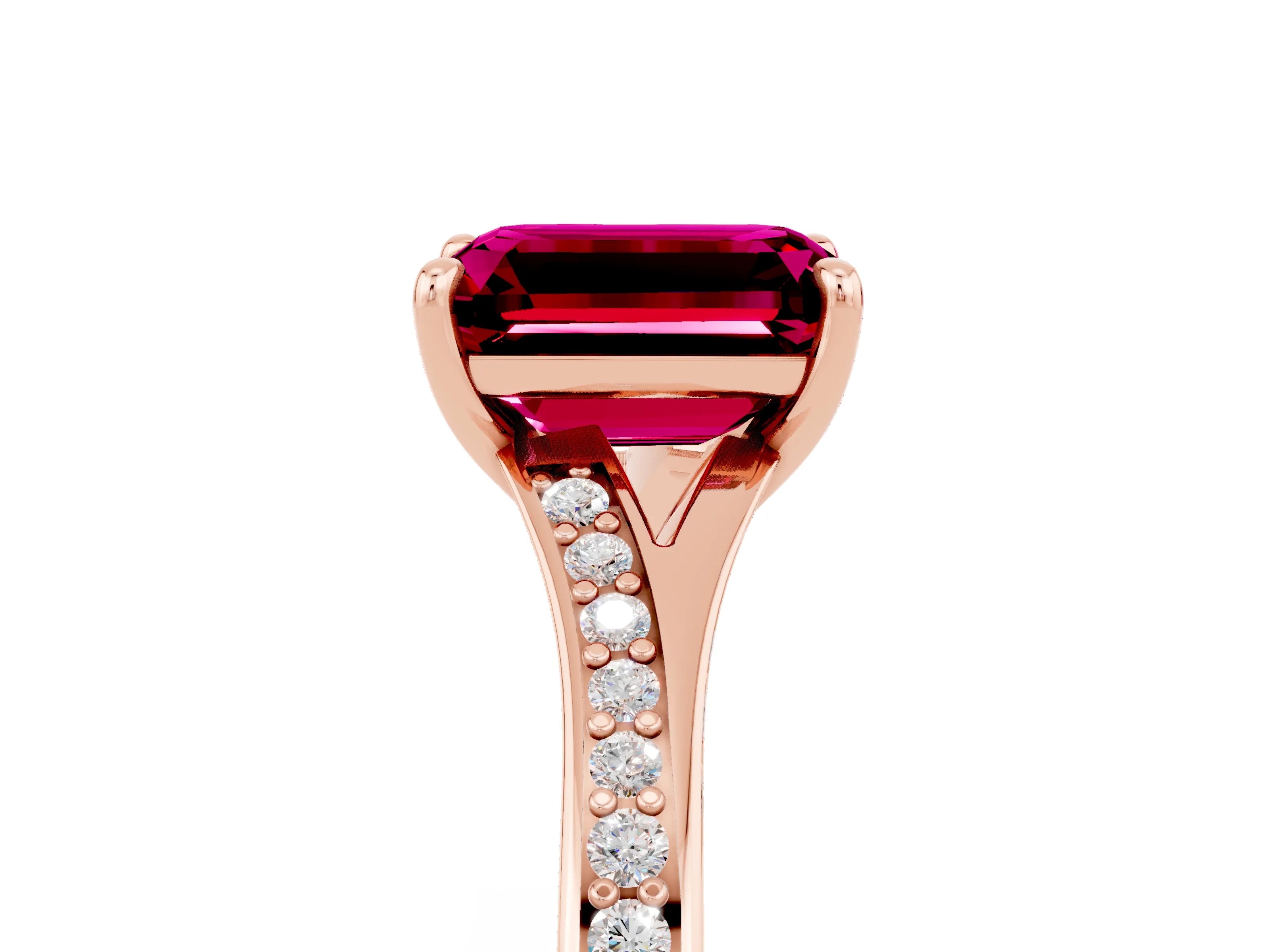 Rose gold Emerald Cut Garnet Solitaire Ring with Pavé Band and Prong Setting_29