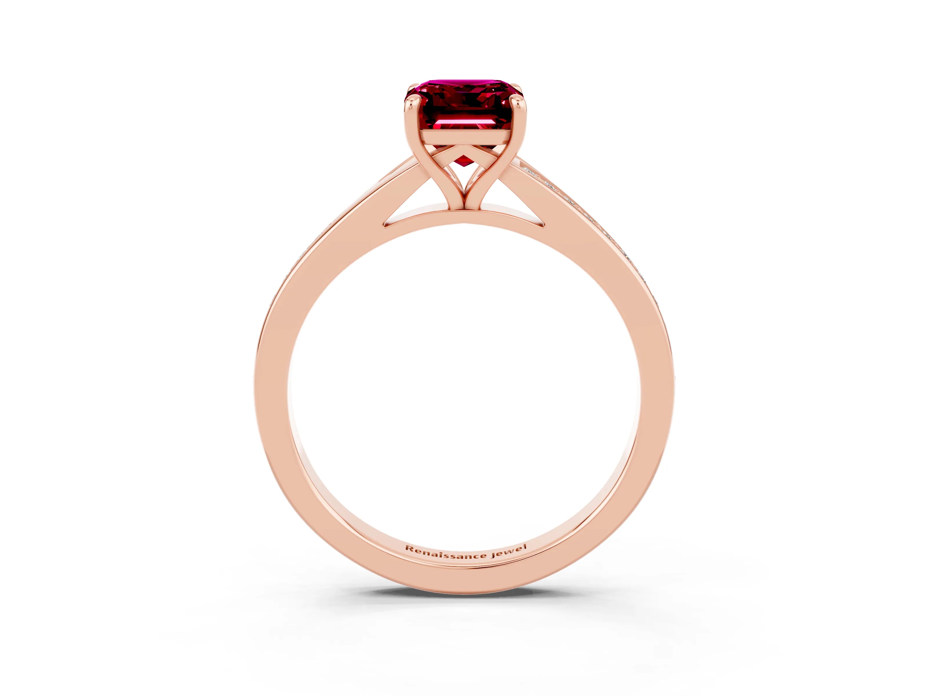 Rose gold Emerald Cut Garnet Solitaire Ring with Pavé Band and Prong Setting_3