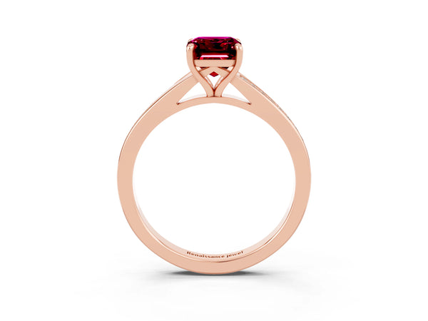 Rose gold Emerald Cut Garnet Solitaire Ring with Pavé Band and Prong Setting