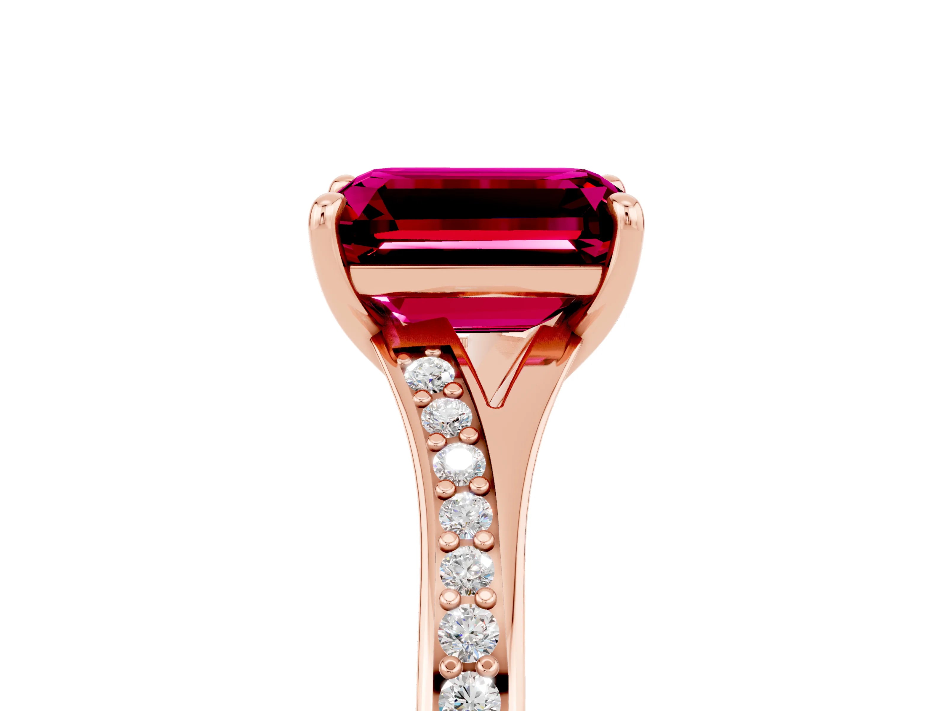 Rose gold Emerald Cut Garnet Solitaire Ring with Pavé Band and Prong Setting_5
