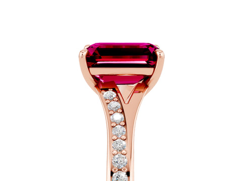 Rose gold Emerald Cut Garnet Solitaire Ring with Pavé Band and Prong Setting_5