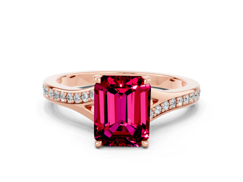 Rose gold Emerald Cut Garnet Solitaire Ring with Pavé Band and Prong Setting