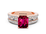 Rose gold Emerald Cut Garnet Solitaire Ring with Pavé and Channel Set Band
