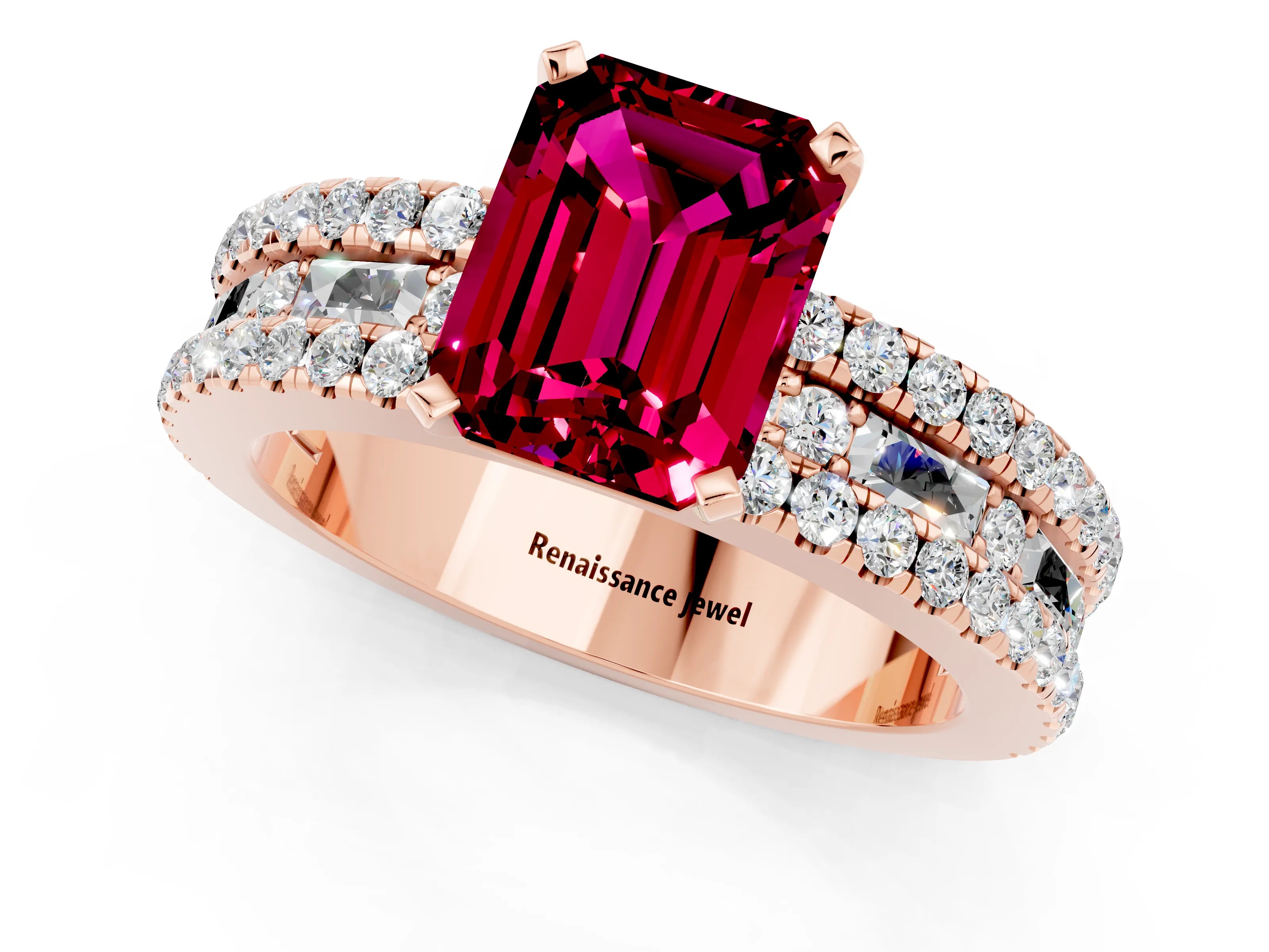 Rose gold Emerald Cut Garnet Solitaire Ring with Pavé and Channel Set Band_1