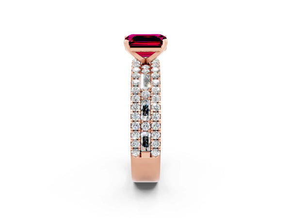 Rose gold Emerald Cut Garnet Solitaire Ring with Pavé and Channel Set Band