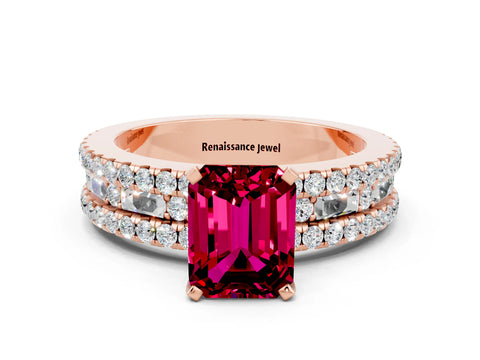 Rose gold Emerald Cut Garnet Solitaire Ring with Pavé and Channel Set Band