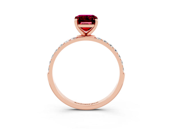 Rose gold Emerald Cut Garnet Solitaire Ring with Round  Pavé Band and Prong Setting