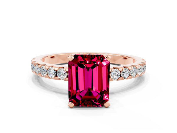 Rose gold Emerald Cut Garnet Solitaire Ring with Round  Pavé Band and Four-Prong Setting