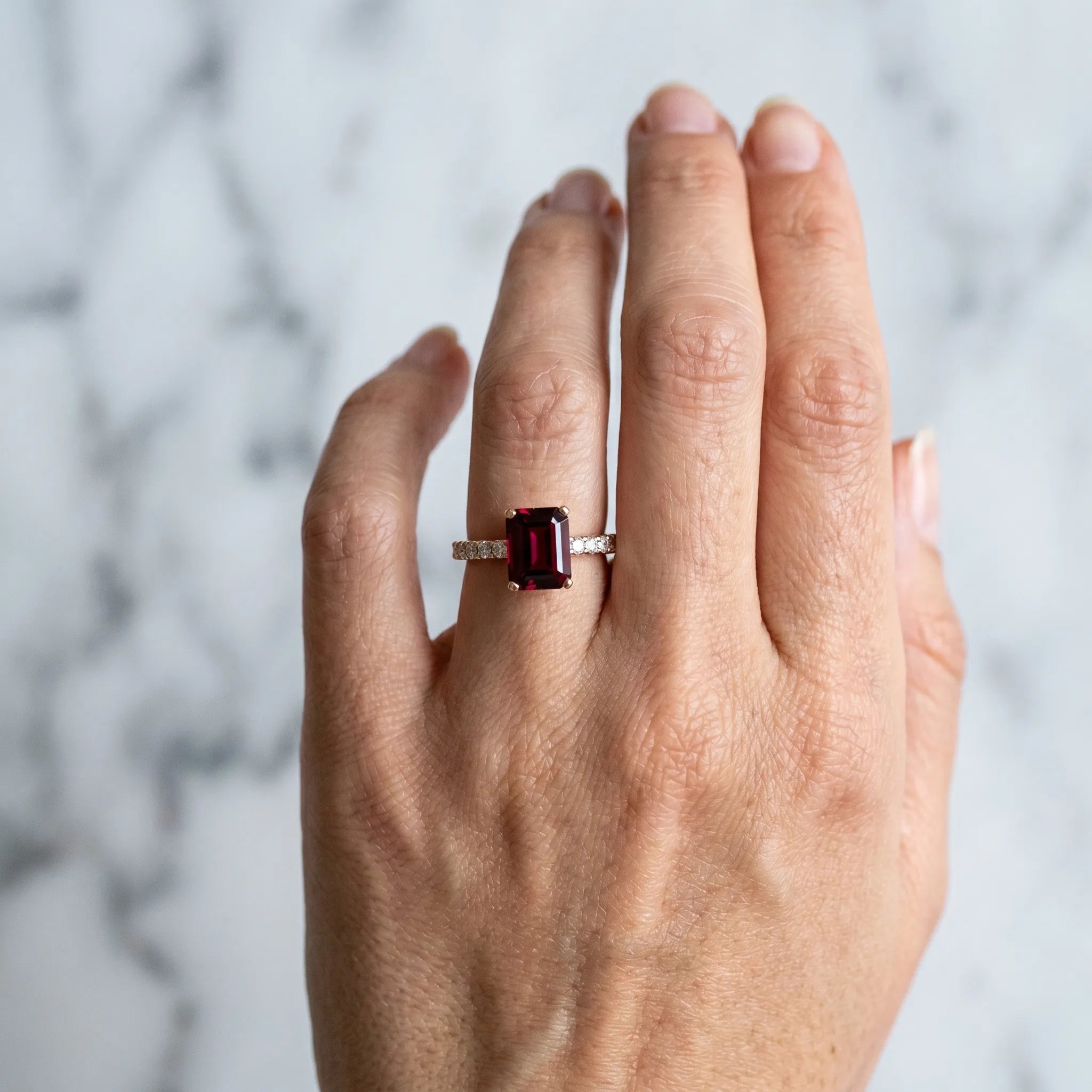 Rose gold Emerald Cut Garnet Solitaire Ring with Round  Pavé Band and Four-Prong Setting_42