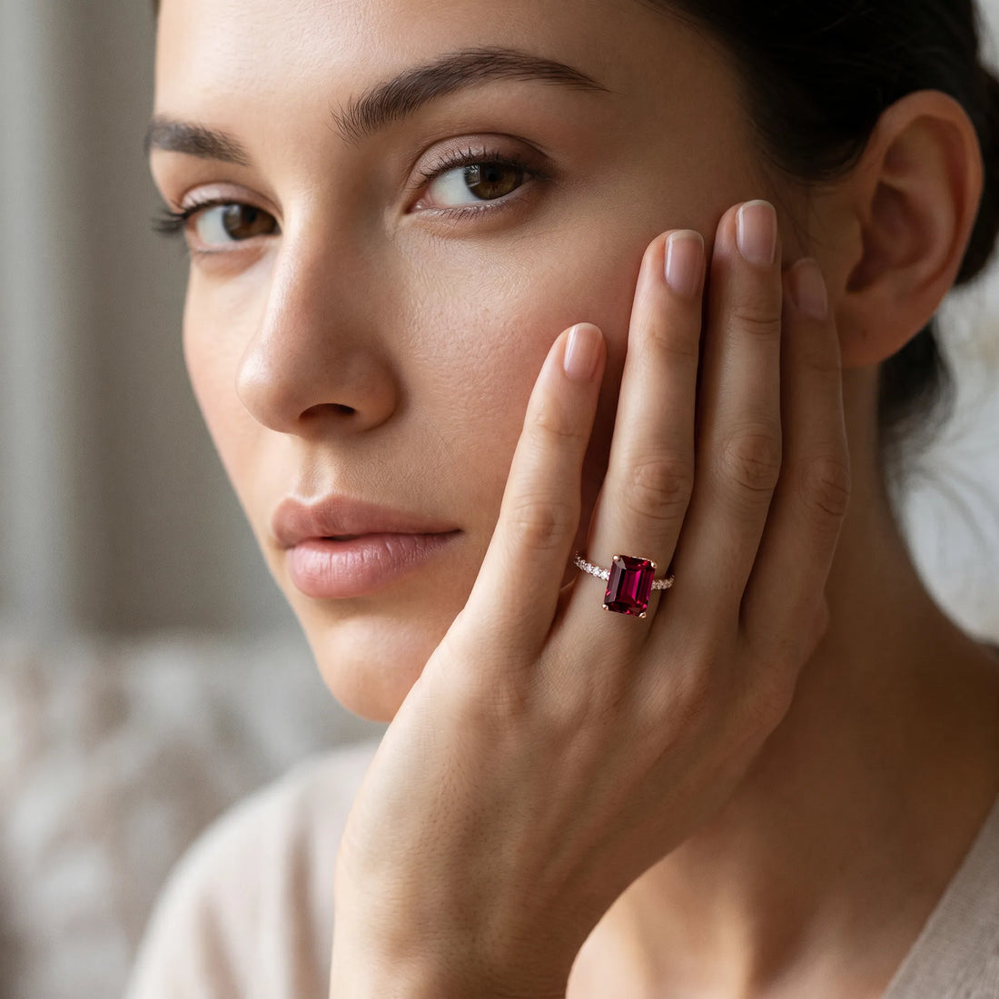 Rose gold Emerald Cut Garnet Solitaire Ring with Round  Pavé Band and Four-Prong Setting_43