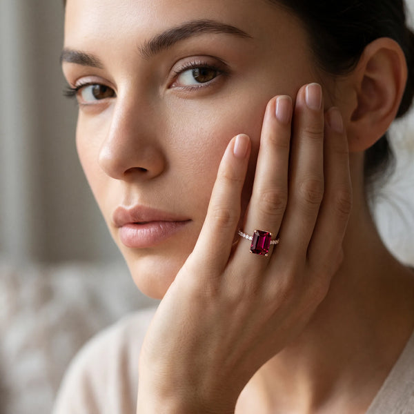 Rose gold Emerald Cut Garnet Solitaire Ring with Round  Pavé Band and Four-Prong Setting