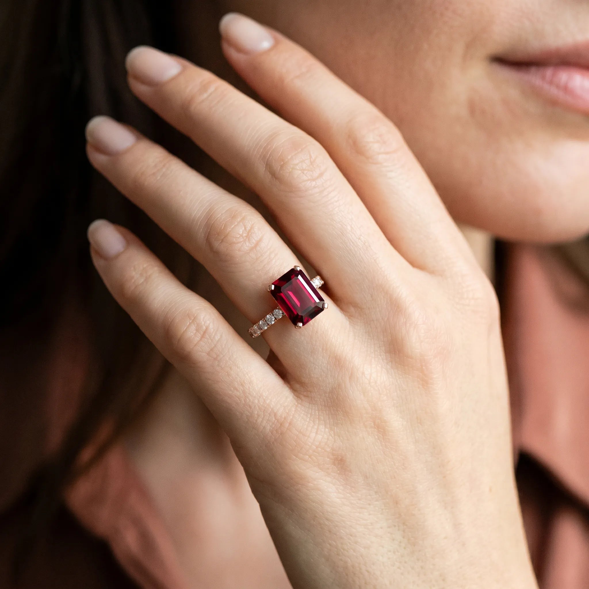 Rose gold Emerald Cut Garnet Solitaire Ring with Round  Pavé Band and Four-Prong Setting_44