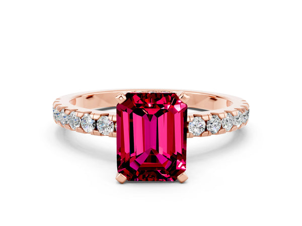 Rose gold Emerald Cut Garnet Solitaire Ring with Round Pavé Band and Four-Prong Setting