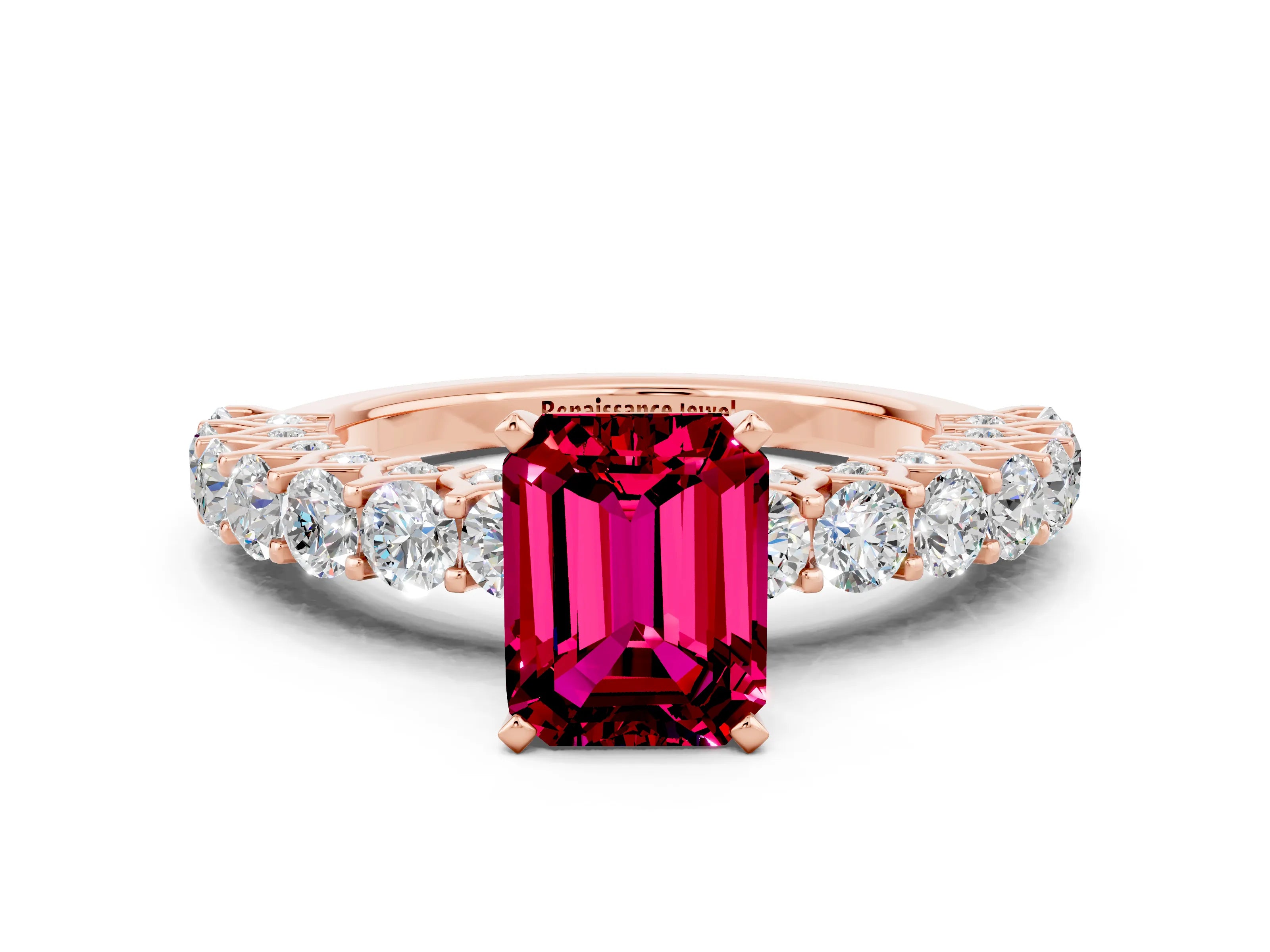 Rose gold Emerald Cut Garnet Solitaire Ring with Shared Prong Pavé Band and Four-Prong Setting