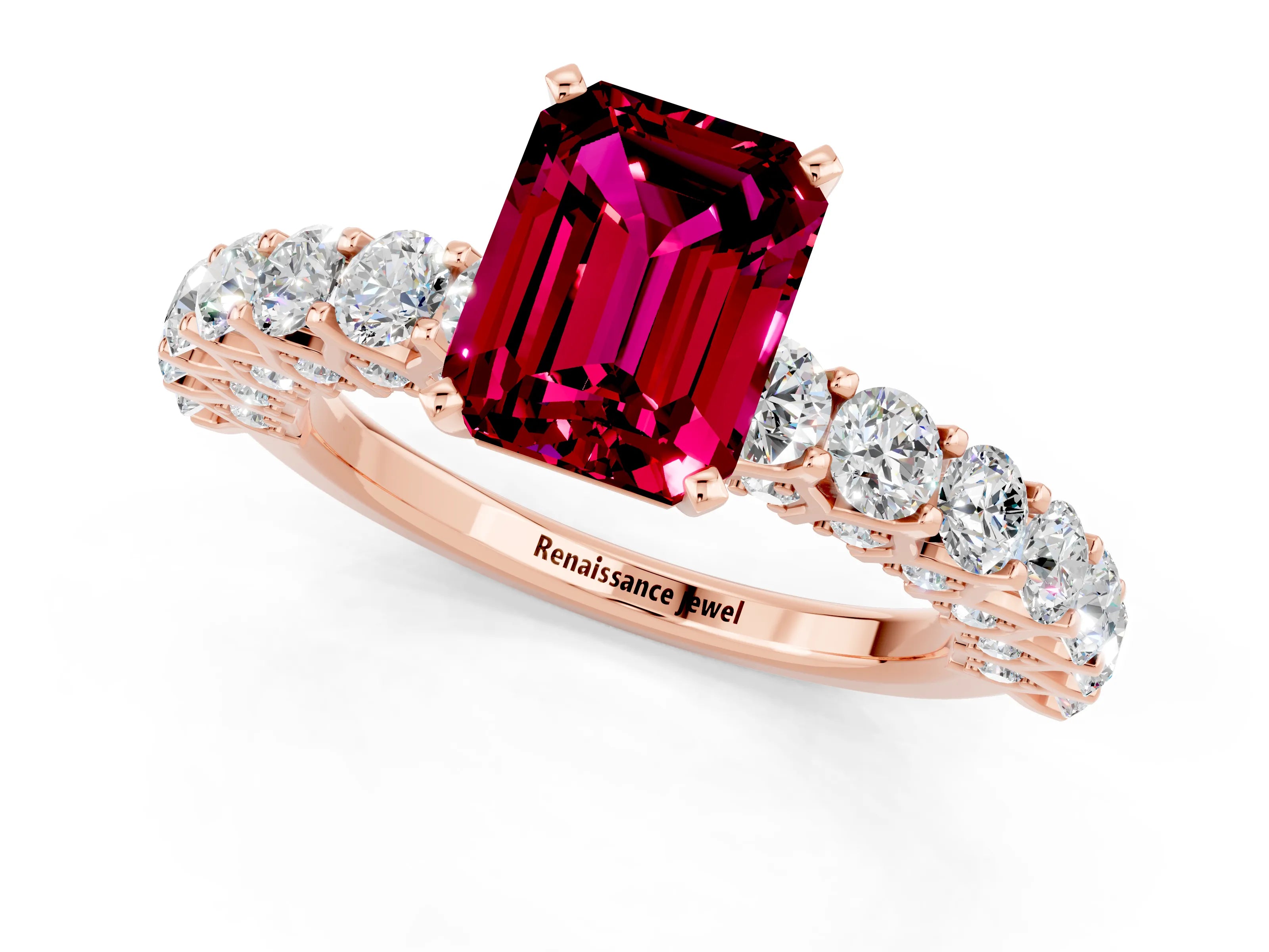 Rose gold Emerald Cut Garnet Solitaire Ring with Shared Prong Pavé Band and Four-Prong Setting_1
