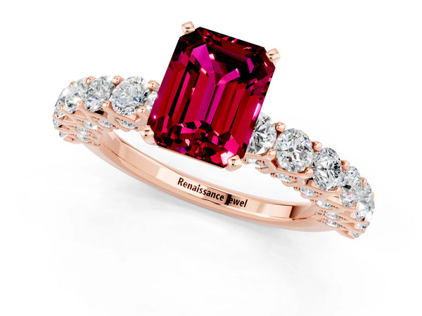 Rose gold Emerald Cut Garnet Solitaire Ring with Shared Prong Pavé Band and Four-Prong Setting