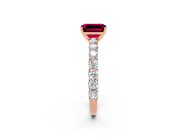 Rose gold Emerald Cut Garnet Solitaire Ring with Shared Prong Pavé Band and Four-Prong Setting