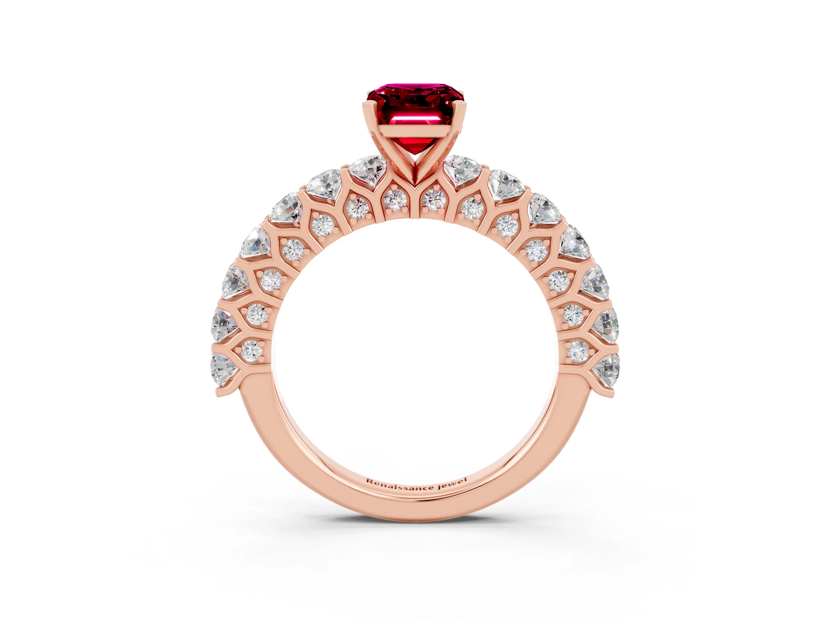 Rose gold Emerald Cut Garnet Solitaire Ring with Shared Prong Pavé Band and Four-Prong Setting_3