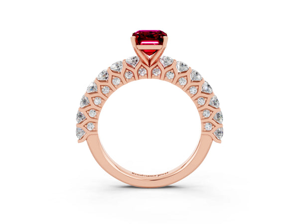 Rose gold Emerald Cut Garnet Solitaire Ring with Shared Prong Pavé Band and Four-Prong Setting
