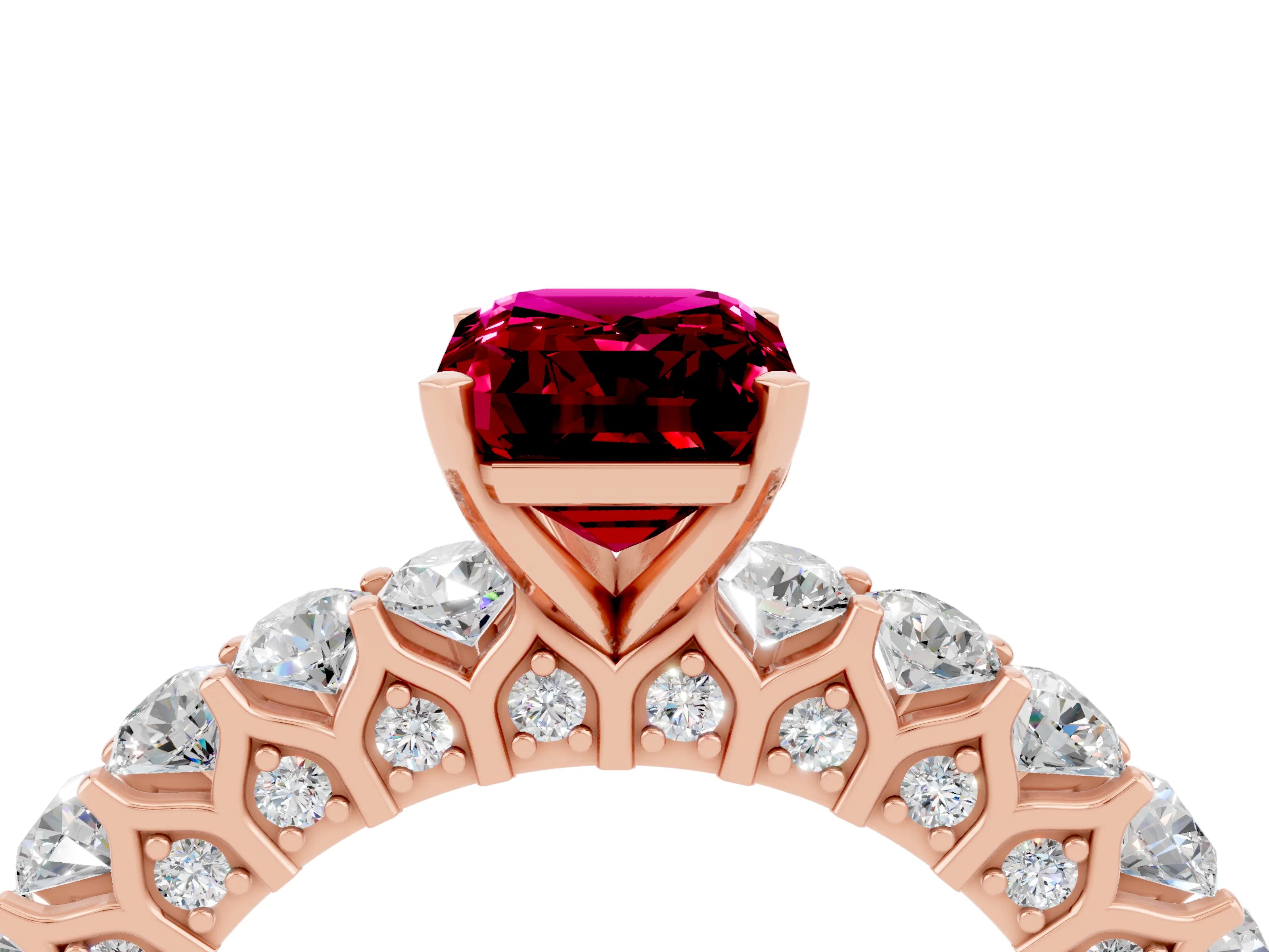 Rose gold Emerald Cut Garnet Solitaire Ring with Shared Prong Pavé Band and Four-Prong Setting_4