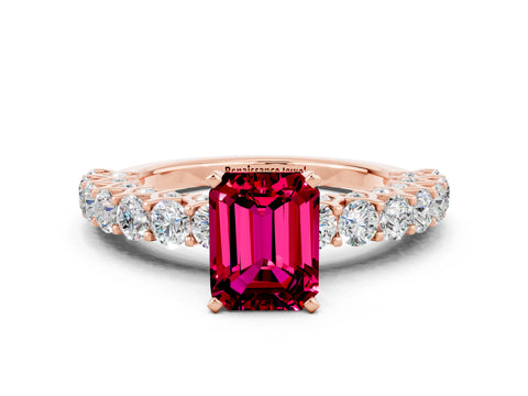 Rose gold Emerald Cut Garnet Solitaire Ring with Shared Prong Pavé Band and Four-Prong Setting