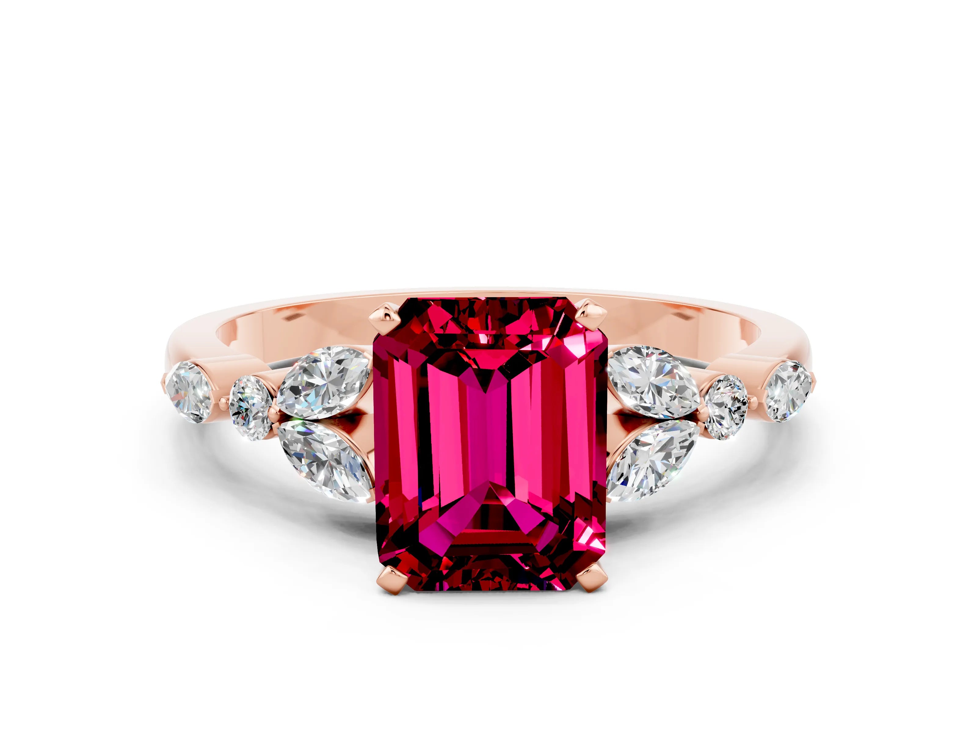 Rose gold Emerald Cut Garnet Solitaire Ring with Side Stones and Four-Prong Setting_12