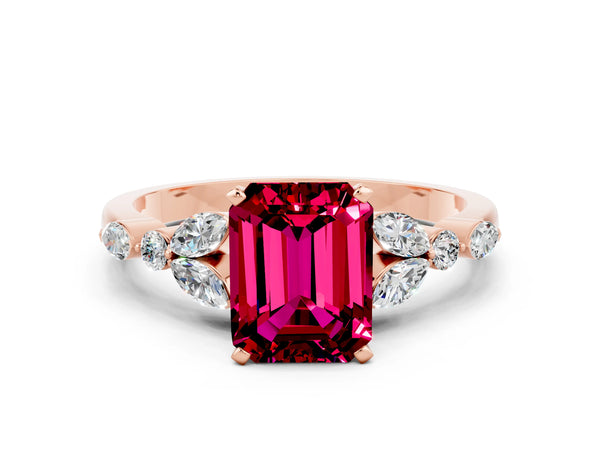 Rose gold Emerald Cut Garnet Solitaire Ring with Side Stones and Four-Prong Setting