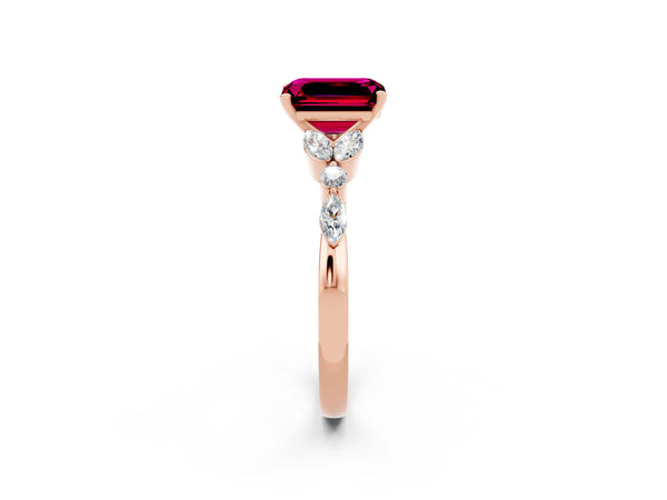 Rose gold Emerald Cut Garnet Solitaire Ring with Side Stones and Four-Prong Setting