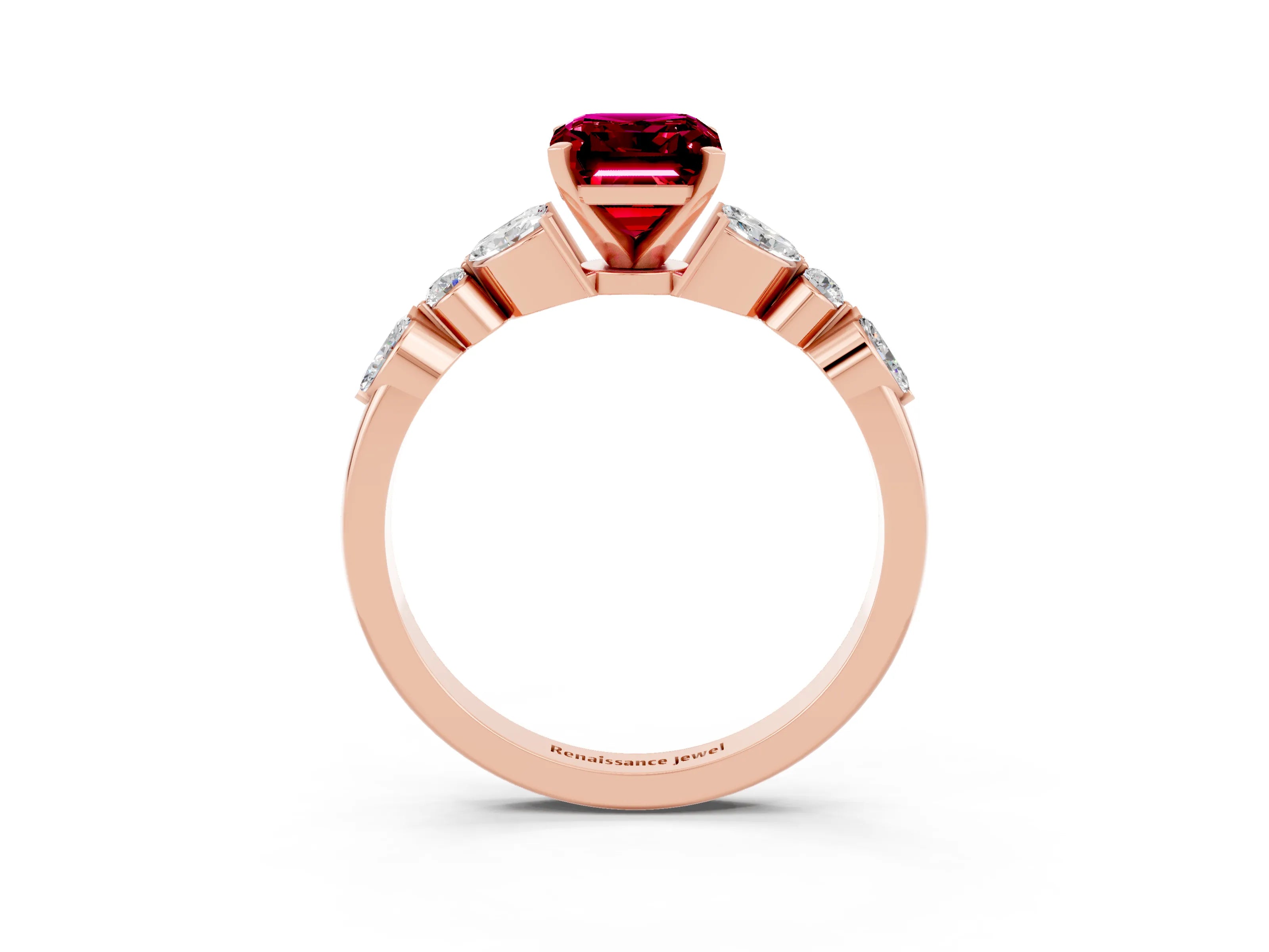 Rose gold Emerald Cut Garnet Solitaire Ring with Side Stones and Four-Prong Setting_15