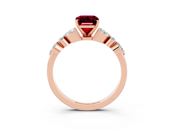 Rose gold Emerald Cut Garnet Solitaire Ring with Side Stones and Four-Prong Setting