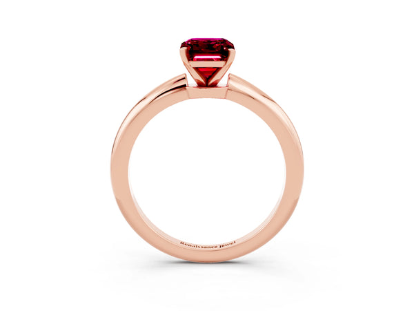 Rose gold Emerald Cut Garnet Solitaire Ring with Six-Prong Setting and Classic Band