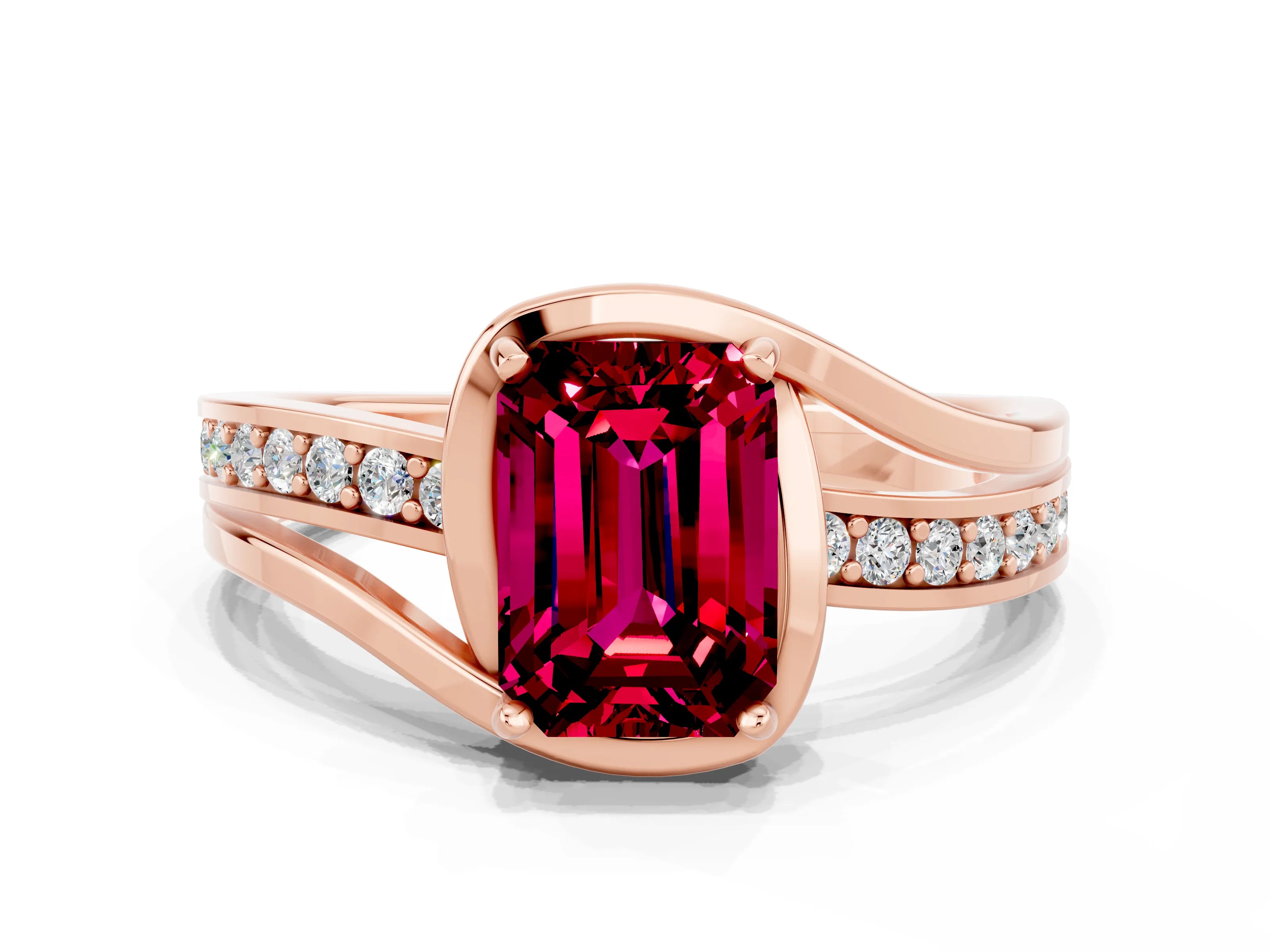 Rose gold Emerald Cut Garnet Solitaire Ring with Split Shank and Prong Setting