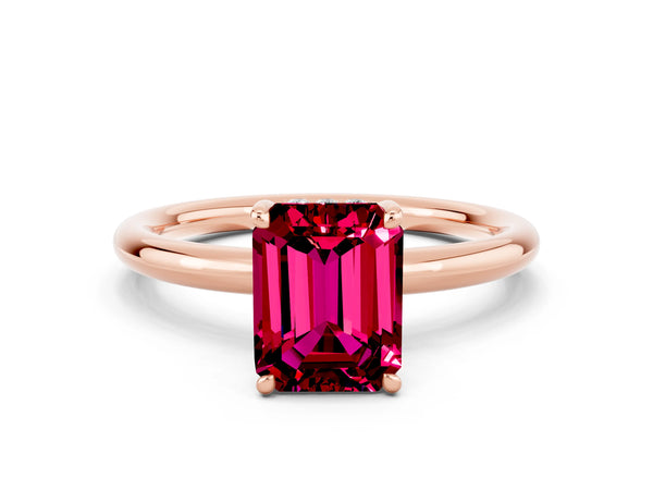 Rose gold Emerald Cut Garnet Solitaire Ring with Thin Band and Four-Prong Setting