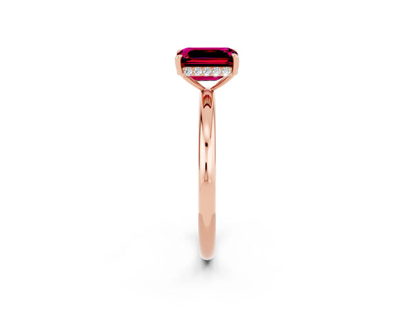 Rose gold Emerald Cut Garnet Solitaire Ring with Thin Band and Four-Prong Setting