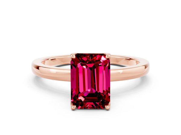 Rose gold Emerald Cut Garnet Solitaire Ring with Thin Band and Prong Setting