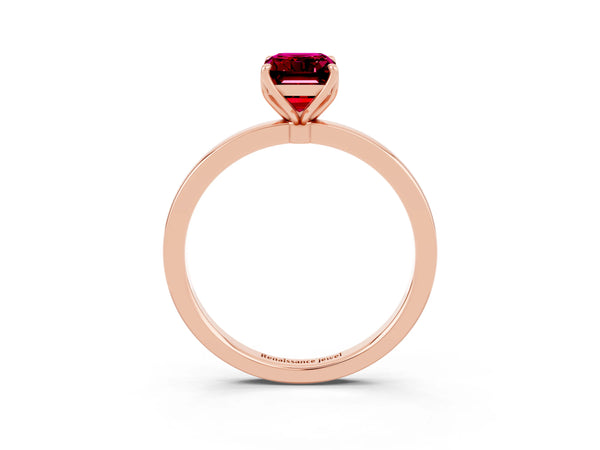 Rose gold Emerald Cut Garnet Solitaire Ring with Thin Band and Prong Setting