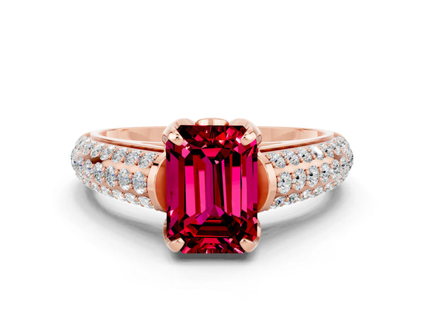 Rose gold Emerald Cut Garnet Solitaire Ring with Three-Row Pavé Band and Four-Prong Setting